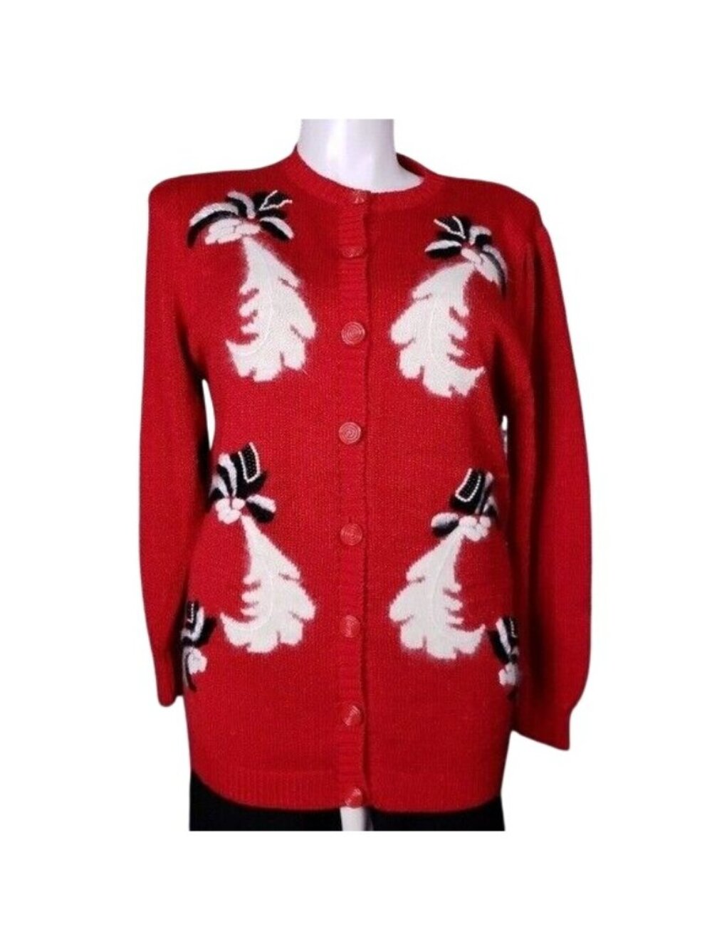 Vintage Red Carducci Sweater With Floral Embroidery & Angora Blend Button-Up Siz